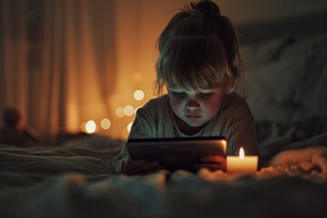 A young girl focuses intently on a tablet screen in a dimly lit room, with the soft glow of candlelight. Little Girl with Tablet by Candlelight