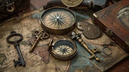 Fototapeta na wymiar Discover a trove of unique pirate relics, including a compass, bottle opener shaped like a skeleton key, brass compass with lid, and an antique coin set upon an old-world map.