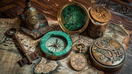 Discover a trove of unique pirate relics, including a compass, bottle opener shaped like a skeleton...