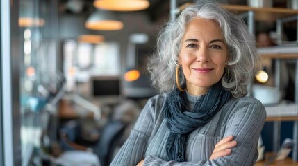 A woman with gray hair and a scarf standing in front of shelves, AI - Powered by Adobe