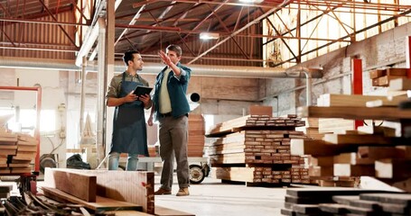 Construction, workers and conversation in warehouse with tablet, project building or development for carpentry trade. Craftsmanship, timber and people collaboration, vision for ideas with contractor