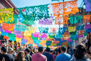 Fototapeta premium colorful Mexican paper flags hanging on the street