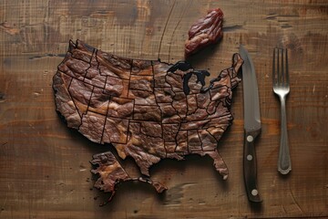 Conceptual art of the United States map crafted from pieces of steak on a wooden surface, food...