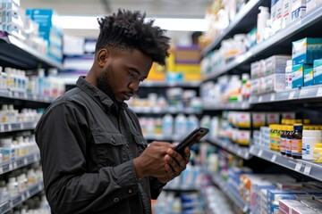 A man is looking at his phone in a store aisle - obrazy, fototapety, plakaty