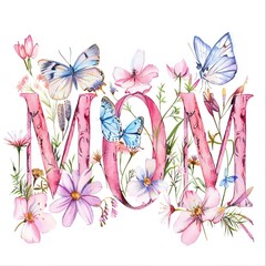 pink text MOM in script letters, each letter is decorated with wildflowers and butterflies, subtle pastels. AI generated illustration