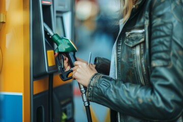 A woman is filling up her car with gas - obrazy, fototapety, plakaty