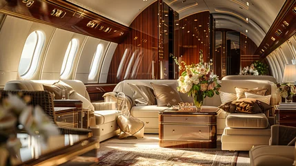 Fotobehang Elegance Above the Clouds: A Peek Inside a Modern Aircraft, Where Luxury Meets Technology in the Design of the Business Class Cabin © NURA ALAM