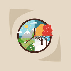4 seasons  landscape in a circle. Time passing by. Big clock with changing landscape.

