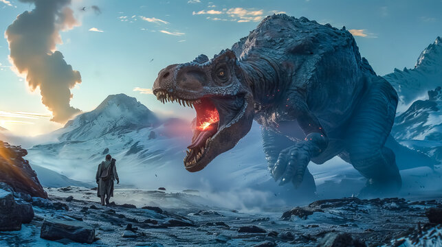 Explorer encounters fire-breathing dragon in icy terrain