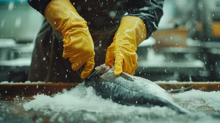 A person in yellow gloves cutting fish with knife on ice, AI - obrazy, fototapety, plakaty