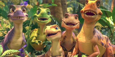 Family of cartoon dinosaurs in a jungle setting
