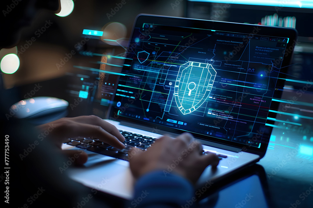Poster a person's hands are typing on their laptop with an abstract digital shield and keyhole icon hoverin