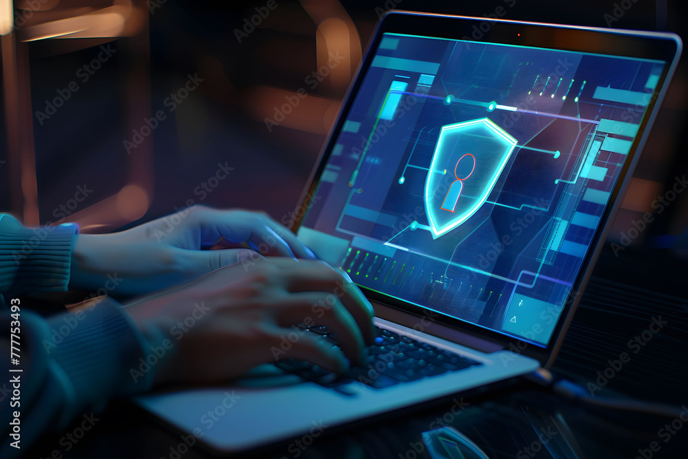 Poster a person's hands are typing on their laptop with an abstract digital shield and keyhole icon hoverin
