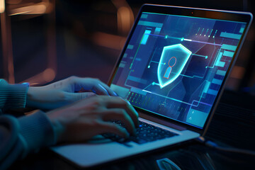 A person's hands are typing on their laptop with an abstract digital shield and keyhole icon hovering above a keyboard. Concepts of network security, private access, and data protection. 