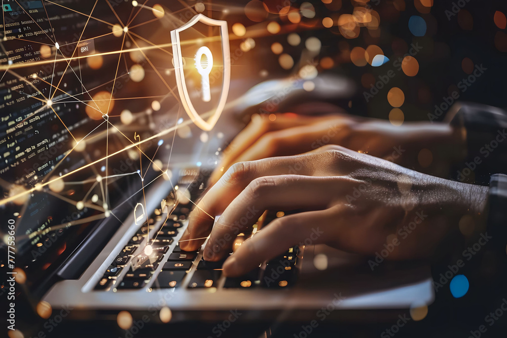 Poster a person's hands are typing on their laptop with an abstract digital shield and keyhole icon hoverin