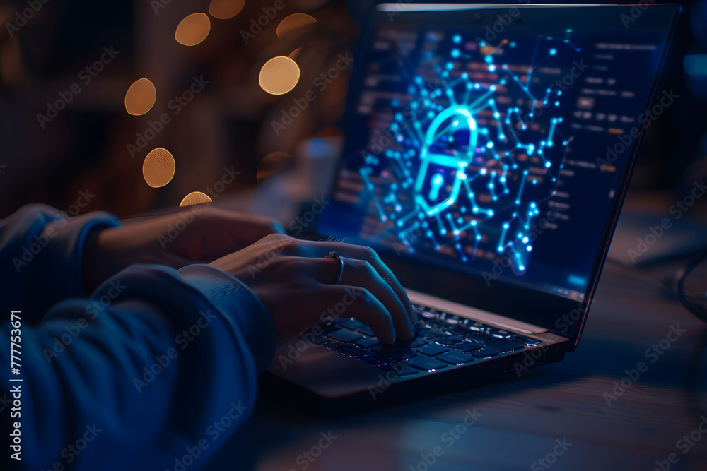 Poster a person's hands are typing on their laptop with an abstract digital shield and keyhole icon hoverin