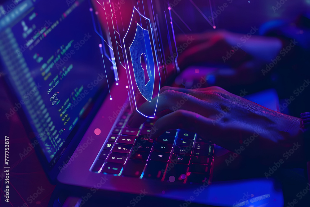 Poster a person's hands are typing on their laptop with an abstract digital shield and keyhole icon hoverin