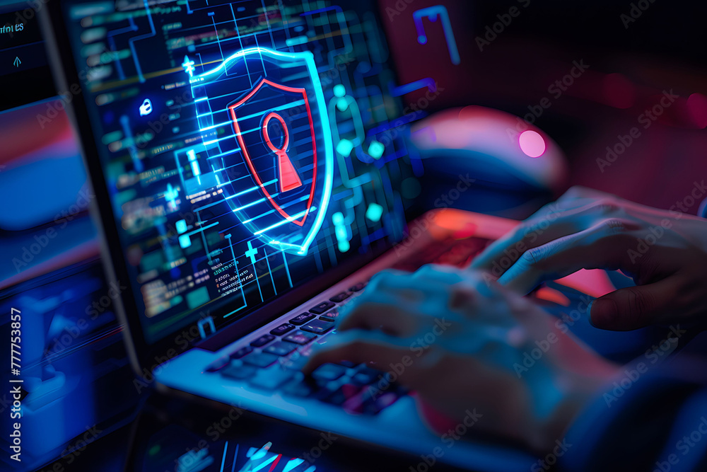 Poster a person's hands are typing on their laptop with an abstract digital shield and keyhole icon hoverin
