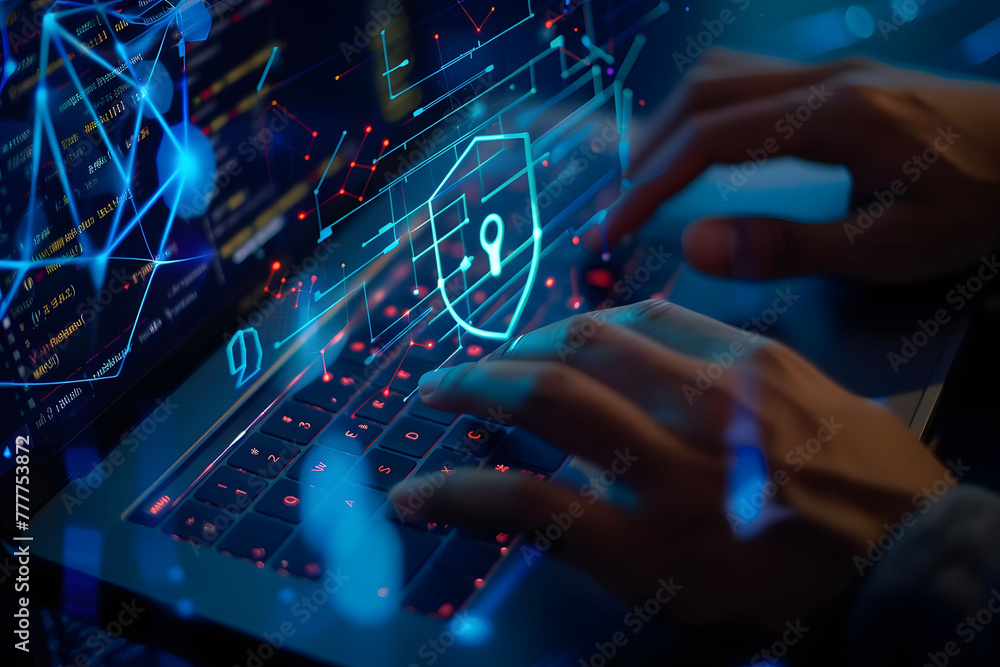 Poster a person's hands are typing on their laptop with an abstract digital shield and keyhole icon hoverin