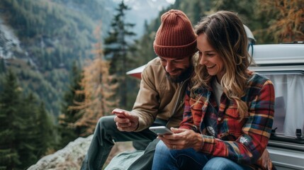 A man and woman sitting on top of a camper looking at their cell phones, AI