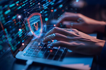 A person's hands are typing on their laptop with an abstract digital shield and keyhole icon hovering above a keyboard. Concepts of network security, private access, and data protection. 