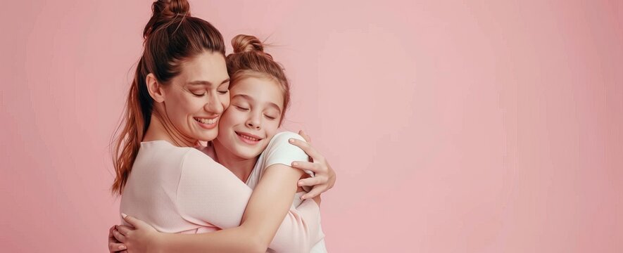 Beautiful loving mother and daughter, hugging each other, wearing pink clothes with a pink ribbon, symbol of World Breast Cancer awareness. AI generated illustration