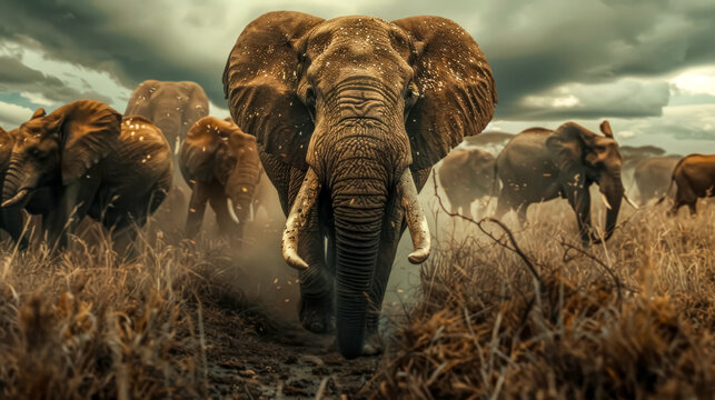 Majestic elephant herd in dusty savannah