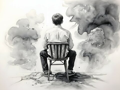 painting of a boy sitting on a chair, contemplating the smoke cloud in front of him