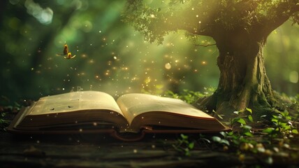Open magical book by old tree with glowing lights and butterfly in mystical forest setting