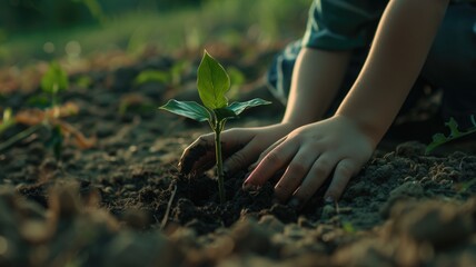 Child's hands gently nurture young plant growing in rich soil, with sunlight filtering through