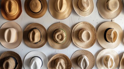 Collection of various styles hats neatly displayed on white wall - obrazy, fototapety, plakaty
