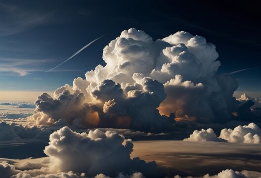 An awe-inspiring photograph of a majestic cloudscape, with sunlight filtering through towering cumulus cloud formations
