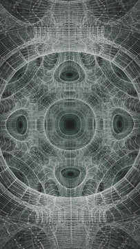 A white geometric grid fractal in a dark space.
