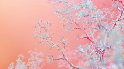 Abstract image of delicate frost-like structures with soft pink and blue gradient background