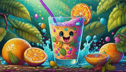 Fototapeta premium OIL PAINTING STYLE Cartoon character Splash- Fresh Orange Juice in a Glass with Sliced Oranges, , party