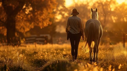 Person in hat walking with horse sunlit, golden field during sunset