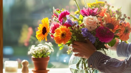 Hands arranging vibrant bouquet of flowers near sunny window