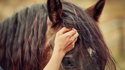 Close-up of person petting brown horse, focusing on horse's eye and mane - obrazy, fototapety, plakaty