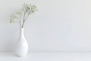 White vase with two minimalistic flowers, white background