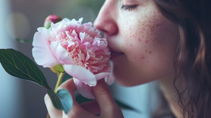 Fototapeta premium Woman with freckles gently smelling pink peony flower, soft-focus background
