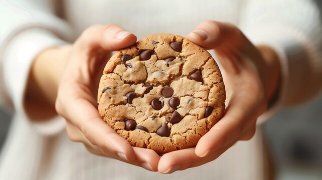Close-up of hands holding large chocolate chip cookie