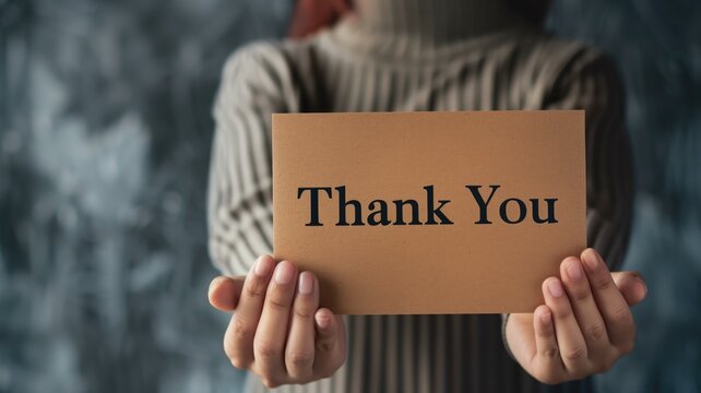 Person holding "Thank You" sign in front of them, wearing turtleneck sweater