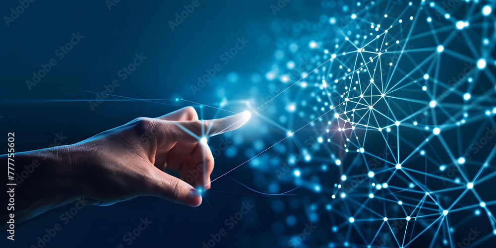 Poster fingers touching a glowing digital connection network, data transferring in the style of technology 