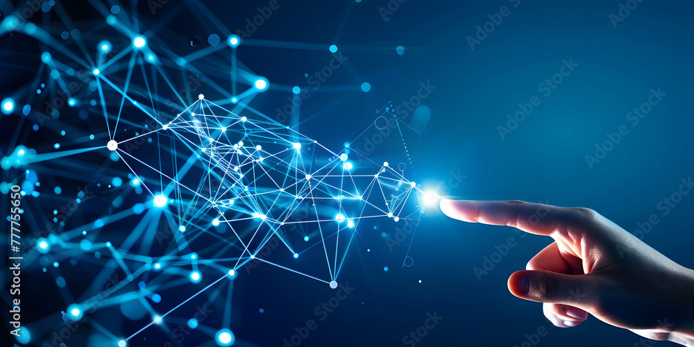 Poster fingers touching a glowing digital connection network, data transferring in the style of technology 