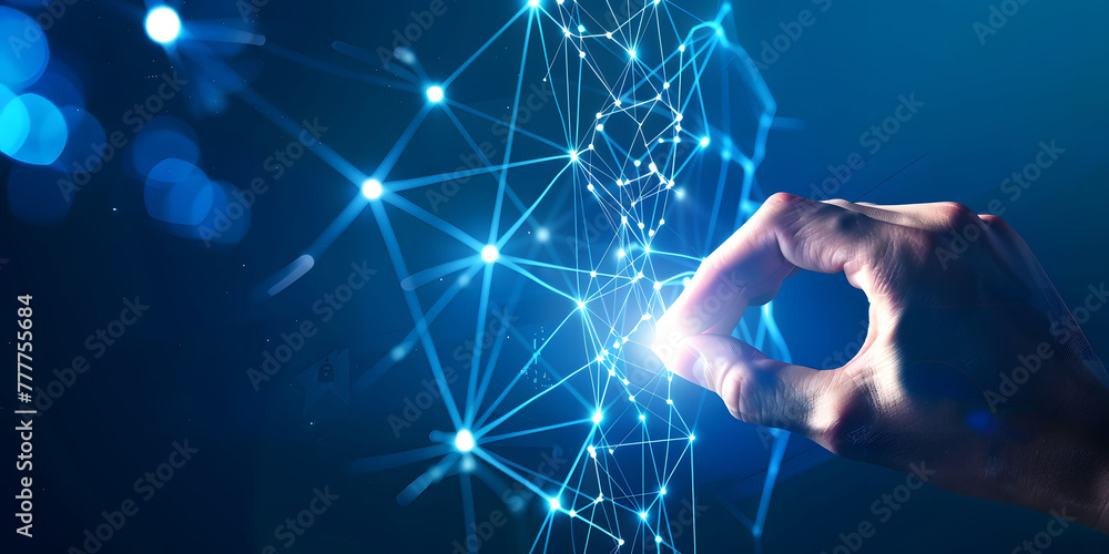Poster fingers touching a glowing digital connection network, data transferring in the style of technology 