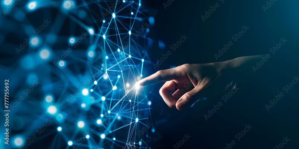 Poster fingers touching a glowing digital connection network, data transferring in the style of technology 