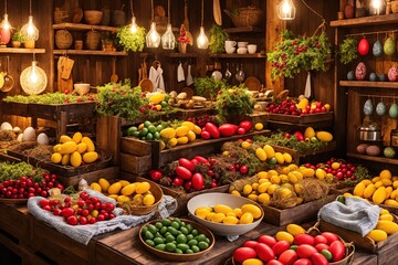 A market with various fruits and vegetables on display.