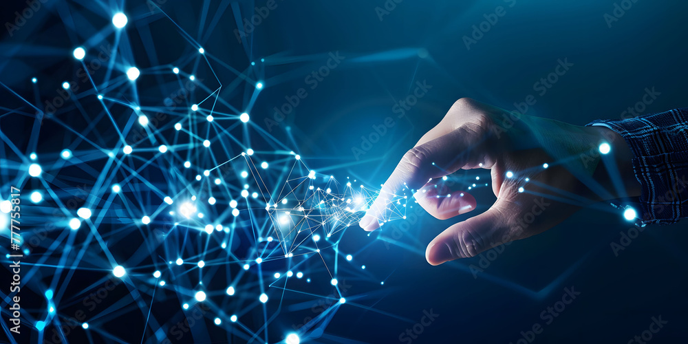 Poster fingers touching a glowing digital connection network, data transferring in the style of technology 