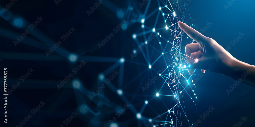 Poster fingers touching a glowing digital connection network, data transferring in the style of technology 