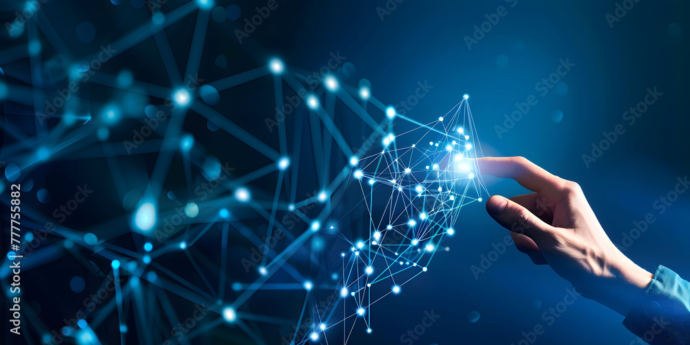 Poster fingers touching a glowing digital connection network, data transferring in the style of technology 